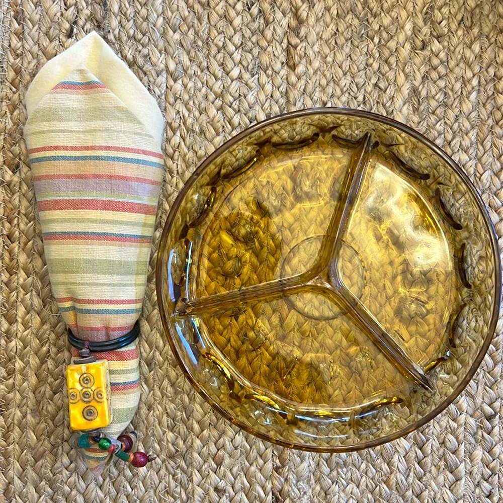 Indiana Glass Co Kings Crown Amber Gold Thumb Print 3 Way Divided Relish‎ Dish